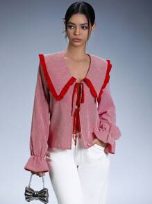 Aveloria Affinna Retro Campus Style Red Plaid Contrast Ruffle Collar Tie Front Long Sleeve Shirt For Women, Spring/Summer - Red and White - View 1