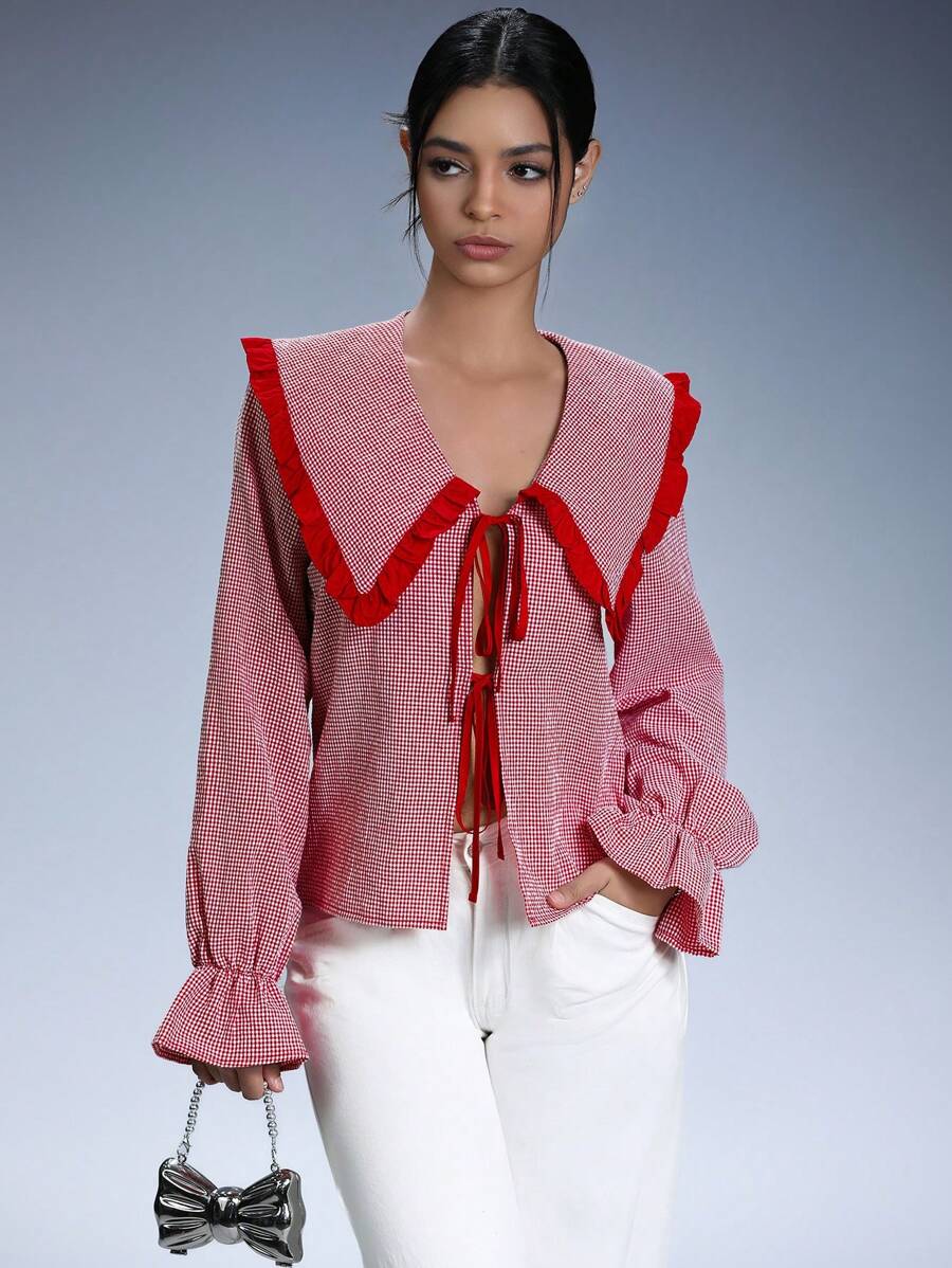 Aveloria Affinna Retro Campus Style Red Plaid Contrast Ruffle Collar Tie Front Long Sleeve Shirt For Women, Spring/Summer - Red and White - View 1