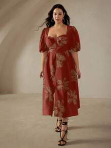 Aveloria Rosie Plus Size Willekeurige Franse Vintage Botsende Kleur Bloemenprint Gerimpelde Buste Cup Vierkante Hals Pofmouw Jurk Vakantie Outfits Vrouw Voor De Zomer