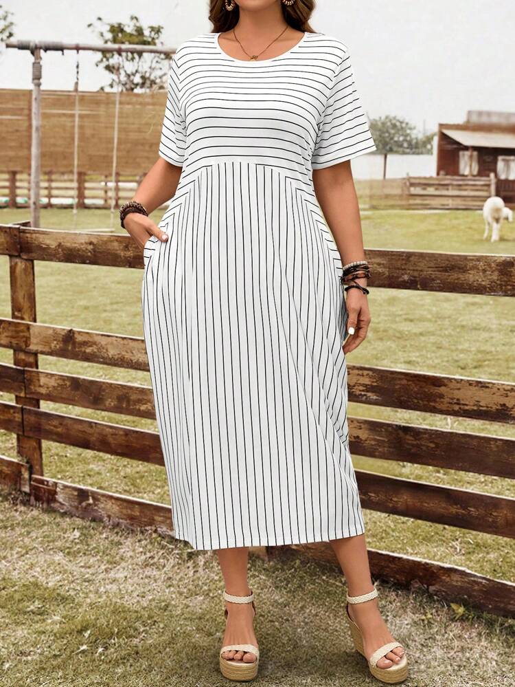 Plus Size Women's Summer Casual Striped Pocket Dress,Western Wear Women