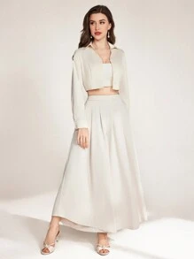 Modelyn Set de 2 piezas de top de manga larga con botones delanteros y pantalones largos de unicolor para mujer - Albaricoque - Ver 4