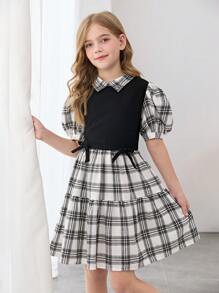 SHEIN 青少年女孩休闲街头时尚黑白格子拼布褶皱喇叭裙领泡泡袖蝴蝶结装饰腰部收腰连衣裙，返校，学院风，格子印花连衣裙 - 黑與白 - 查看 4