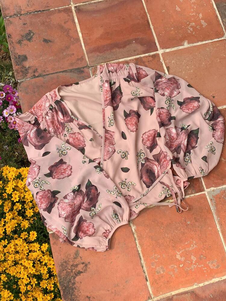 Dazy Plus Plus Size Vacation Floral Print Lantern Sleeve Chiffon Blouse, Spring/Summer Long Sleeve Top