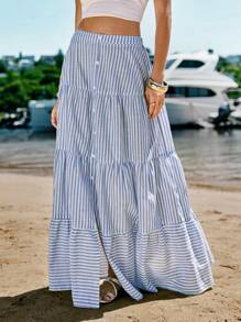 SHEIN VCAY Holiday Woven Striped High Waist Flare Skirt For Women