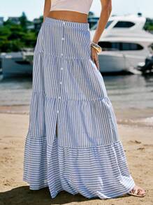 SHEIN VCAY Holiday Woven Striped High Waist Flare Skirt For Women