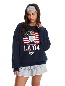 SHEIN Unity 女式宽松休闲美国国旗和字母印花羊毛圆领运动衫 - 藏蓝色 - 查看 4