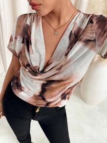 SHEIN Clasi Women's Floral Print Drape Short Sleeve Top, Spring Spring Women Outfits