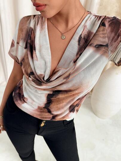SHEIN Clasi Women's Floral Print Drape Short Sleeve Top, Spring Spring Women Outfits