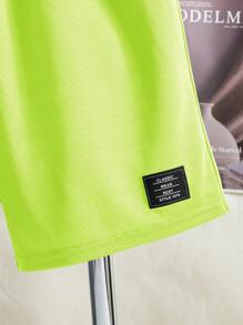 SHEIN Tween Boys Casual Street-Style Letter Print Striped Crew Neck Short Sleeve T-Shirt And Solid Color Shorts 2 Pieces Set - Green - View 5