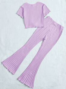 SHEIN Leap Crew 2pcs Teen Girls Solid Color Butterfly Embroidery Ribbed T-Shirt & Pants Set - Purple - View 2