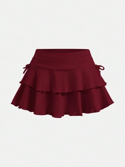 SHEIN Girlism Tween Girls' Street Casual Stickad Solid Dragsnöre Ruched Midja Cake Volanger Kjol