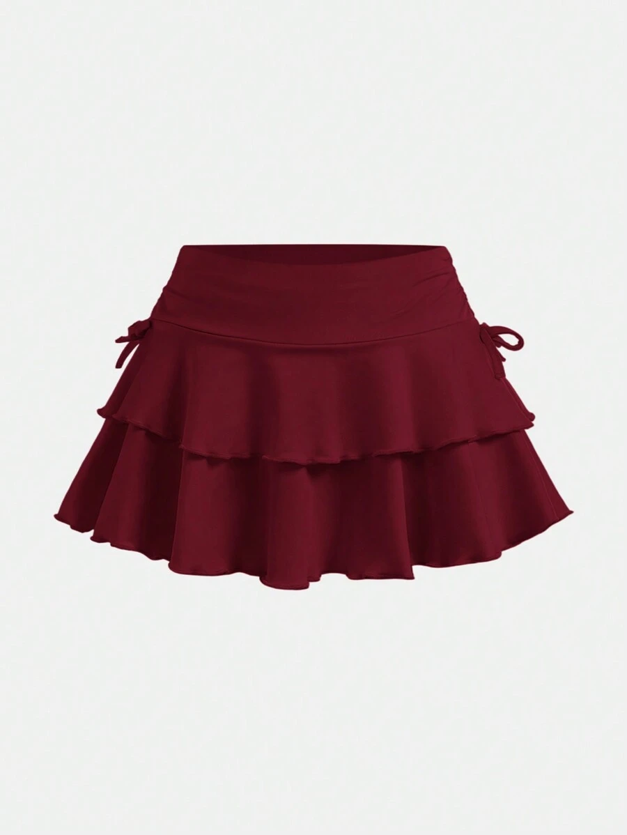 SHEIN Girlism Tween Girls' Street Casual Knit Solid Drawstring Ruched Waist Cake Ruffle Hem Skirt