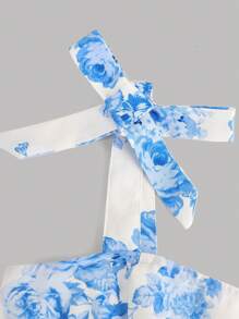 SHEIN Girlism 少女花卉荷叶边不对称下摆蝴蝶结吊带连衣裙 - 藍白色 - 查看 4