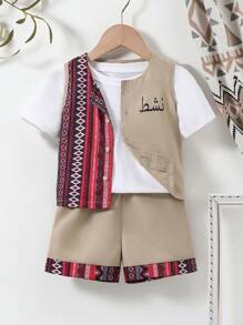 SHEIN 2 conjuntos para bebé niño, tema festivo de Ramadán, conjunto de chaleco sin mangas con estampado colorido y pantalones cortos, apropiado para uso casual, juegos al aire libre, escuela, vacaciones - Lindo, ideal para tiempo libre familiar, deportes y reuniones