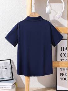 SHEIN Tween Boy Vacation Style Solid Color Turndown Collar Button-Up Fitted Woven Short Sleeve Shirt - Navy Blue - View 2