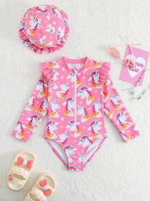 SHEIN 1pc Girls' Unicorn Print One-Piece Swimsuit - Multicolor - View 1