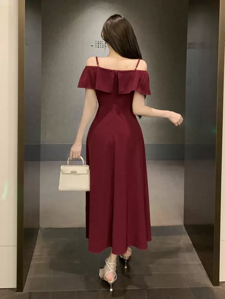 Women V-Neck Ruffle Trim Midi Dress, Solid Color For Date Night, Valentine's Day, Chinese New Year Elegant Sundress Red Women Dresses Prom Dress Christmas