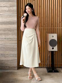 DAZY Solid Color Pleated Mermaid Skirt For Women - Beige - View 4
