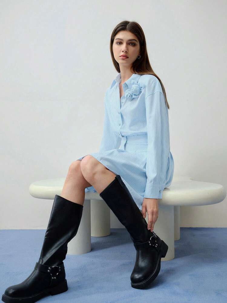 MOTF STUDIO STEREO FLORAL STRIPED HALF BUTTON DRESS,SPRING/SUMMER