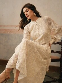 Anewsta 女士优雅法式收腰长袖蕾丝复古连衣裙（配腰带），春季 - 杏色 - 查看 3