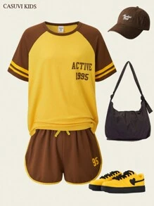 Explorewe 2pcs/Set Vintage Color-Blocked Girls Casual Sports Top And Shorts Set, Summer New Arrival - Mocha Brown - View 5