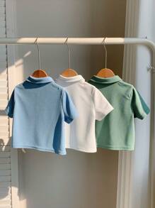 SHEIN LMoss Kids 3pcs Set Baby Boy Cute Solid Color Versatile Polo Shirt, Suitable For Birthday Party, Gala, Performance, Wedding, Baby Shower, 1st Birthday Celebration - Multicolor - View 2