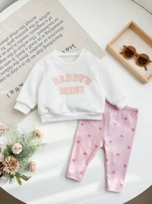 SHEIN 新生女婴字母图案针织套头衫和松紧腰裤套装，秋冬 - 彩色 - 查看 1