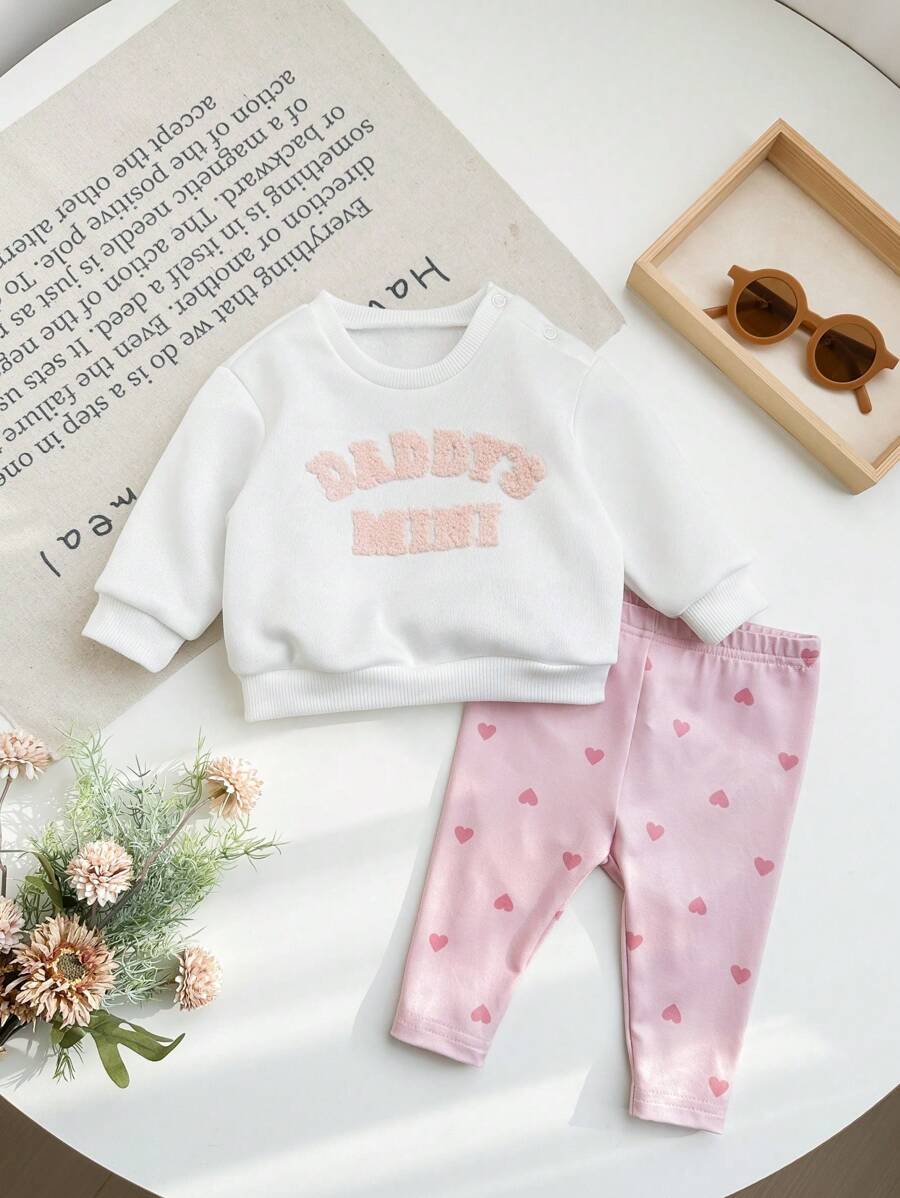 SHEIN 新生女婴字母图案针织套头衫和松紧腰裤套装，秋冬 - 彩色 - 查看 1