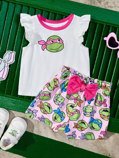 TEENAGE MUTANT NINJA TURTLES | SHEIN Baby Mädchen Set mit Schildkröten Muster: süßes T-Shirt mit Puffärmeln in Weiß und niedliche Shorts