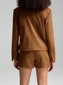 LYSMO Fashionable Vintage Casual Solid Color Suit Jacket - Brown - View 2
