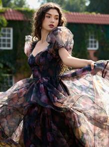 SHEIN MOD Women Organza Floral Print Layers Ruffled Maxi Dress,Valentine's Day,Boho Dress Women,Party Women Outfits,Summer Dress,Maxi Dress,Wedding Guest Dress Women,Birthday Dresses