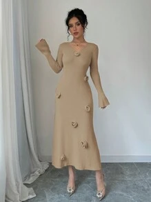 Elenzga 3D 花朵系带长袖休闲针织长裙 - 駝色 - 查看 4