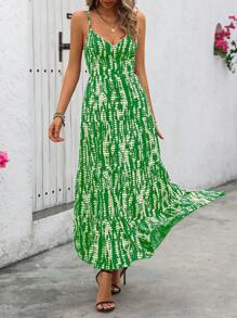 Chiquease Spaghetti Strap Full Printed Dress With Ruffle Hem Maxi Vacation Beach Outfits Women - Green - View 6