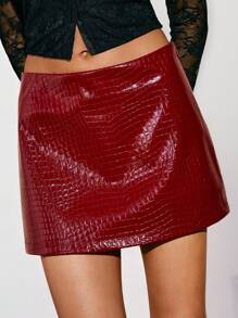 Poéselle Fashion Solid Color Shiny PU Mini Skirt, Low Waist,Valentine's Day Skirt, Anchor Red Skirt