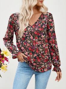 EMERY ROSE 情人节女士浪漫印花 V 领长袖上衣、后背蕾丝和吊带衬衫 - 彩色 - 查看 2