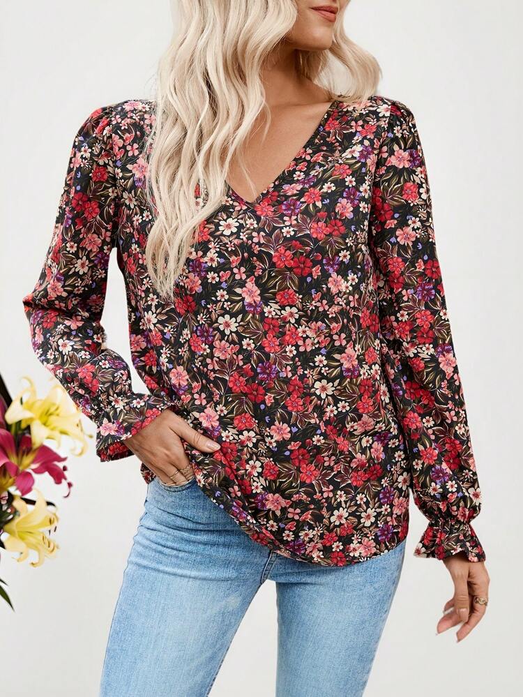 Valentine's Day Women's Romantic Printed V-Neck Long Sleeve Top, Back Lace And Strap Shirt