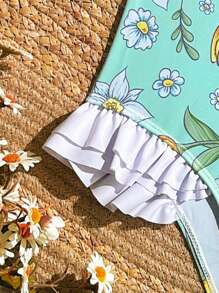 SHEIN Tween Girl' Printed Swimsuit, One-Piece With Ruffles, No Lock Edge - Multicolor - View 3