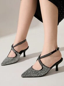 CUCCOO CHICEST Zapatos de tacón alto con puntera puntiaguda y decoración de cristales, elegantes y de moda para mujeres - Plateado - Ver 4