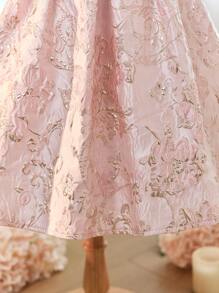 Young Girl Jacquard Weave Ruffle Collar Fitted Casual Dress - Pink - View 10