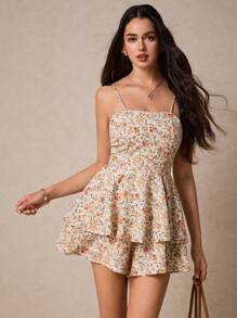 Poéselle 满身花卉印花系带露背多层下摆吊带连体衣茶会装婚礼女士连体衣女式连体衣荷叶边裙连体衣 - 杏色 - 查看 2