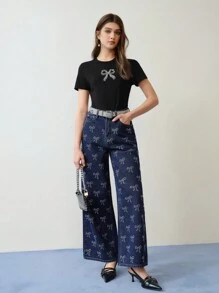 MOTF STUDIO RHINESTONE DETAIL BOW EMBROIDERY T-SHIRT,VALENTINE'S DAY,SPRING/SUMMER - Black - View 8