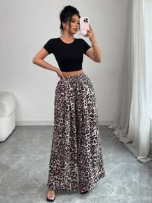 Elenzga Pantalones holgados de cintura alta con estampado de leopardo, pantalones plisados casuales de flujo primavera/verano nuevo