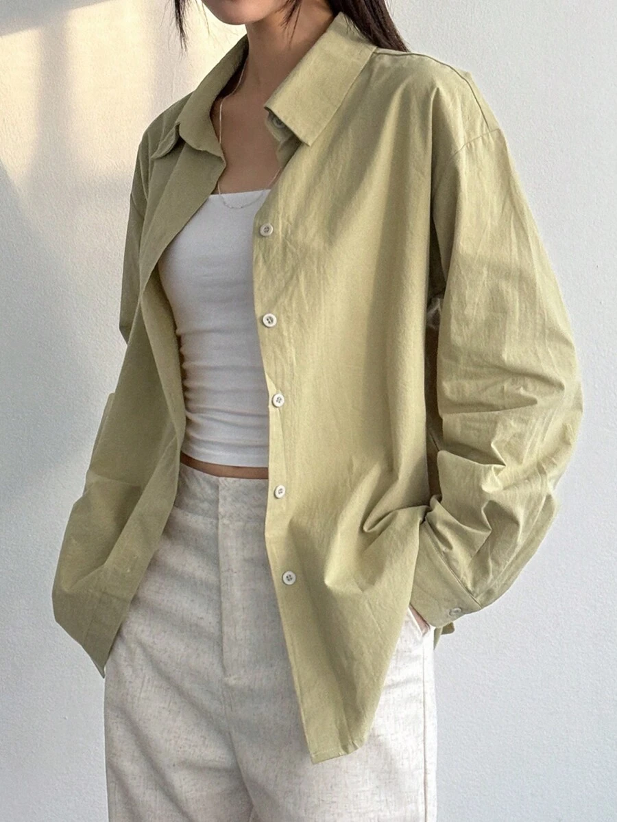 DAZY Casual Loose Solid Color Long Sleeve Women's Blouse - Olive Green - View 1