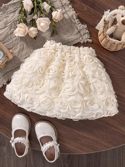 SHEIN Explorewe Unga flickor aprikos texturerad Mesh Rose Print A-Line kjol, Sweet Elegant Princess Mini Kjol, Mångsidig