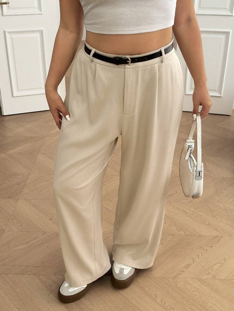SHEIN EZwear Pantalones casuales rectos y holgados de talla grande - Albaricoque - Ver 1