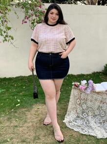 Dazy Plus Plus Size Women's Color Block Round Neck Short Sleeve T-Shirt, Spring/Summer Plaid - Pink - View 5