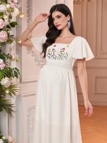 SHEIN 孕妇花卉印花方领荷叶边袖优雅连衣裙 - 白色 - 查看 3