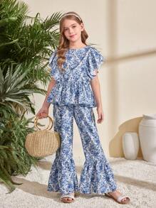 SHEIN Set de 2 piezas para niñas preadolescentes: Blusa superior con cuello redondo con volantes y estampado floral retro y pantalones anchos y holgados, para vacaciones/campo