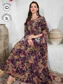 Al Najma 亚麻印花条纹喇叭下摆阿拉伯连衣裙，阿拉伯连衣裙，端庄 - 彩色 - 查看 1