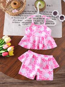 女宝宝可爱花卉印花荷叶边分体泳衣套装 - 粉色 - 查看 3